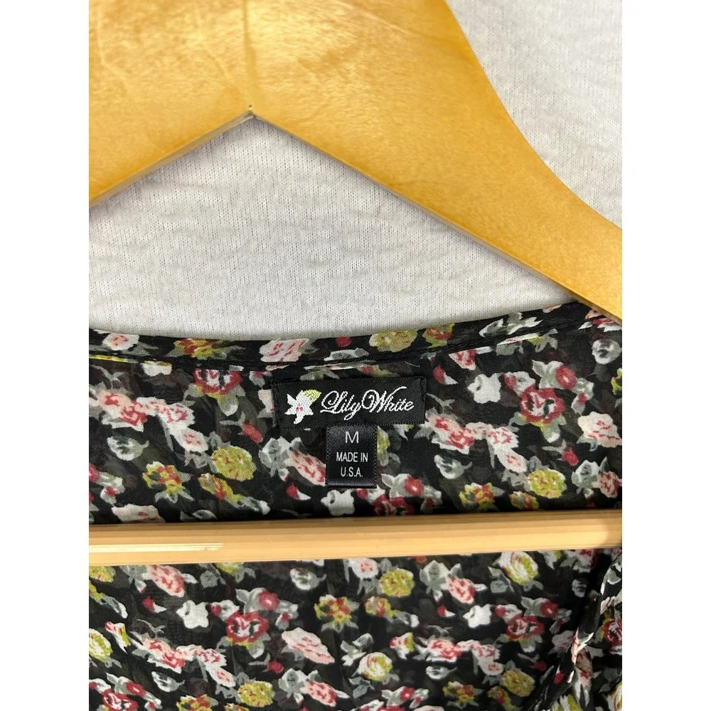 Cottagecore Lily White Womens Medium Black Floral Ruffle Chiffon‎ Mini Dress